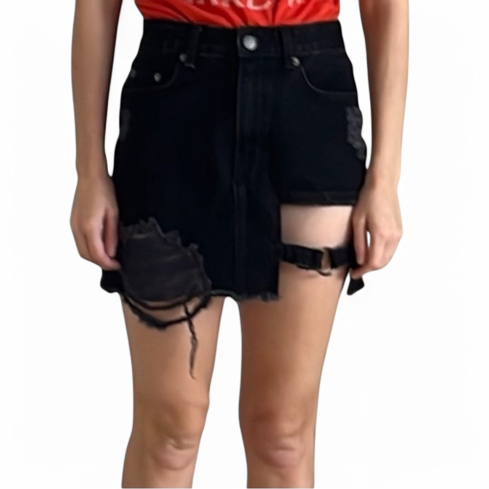 CARMAR distressed denim buckle cutout mini skirt, size 26/2. Black.